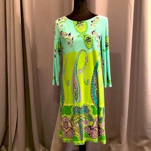 Colorful, mod print dress mid-length. No tags. Probably a size Large.